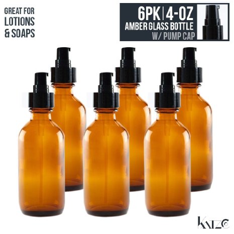 6 Pack- 4 Oz - Amber Boston Round Glass Bottle With Hand Pump 118 mL - For Hydrosol, Cosmetics, Essential Oils, Beauty, Soap, Kitchen, Travel - High Quality, Anti-Leak, Re-Usable -By Katzco