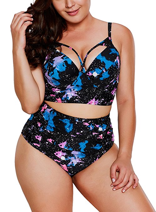 FARYSAYS Women's Plus Size Printed Padded Push Up High Waist Bikini Set Swimsuit (M-XXXL)