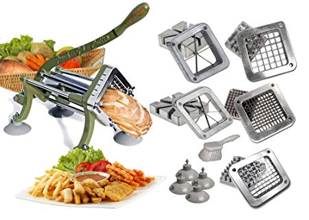 TigerChef commercial french fry cutter Heavy Duty Grade French Fry Cutter with Suction Feet Complete Set, Includes 1/4", 3/8", 1/2", 6", 8" Wedge Blade/Pusher Blocks with Cleaning Brush (Pack of 14)
