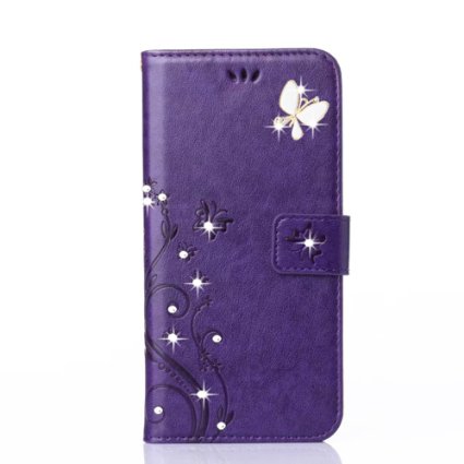 HAOTP(TM) Beauty Luxury 3D Fashion Handmade Bling Crystal Rhinestone Butterfly Fashion Floral Blue PU Flip Stand Credit Card ID Holders Wallet Leather Case Cover for Samsung Galaxy S4 (Bling/Purple)