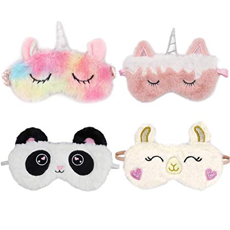 ZTL 4PCS Cute Animal Eye Mask Unicorn Sleeping Mask Panda Alpaca Sleep Mask Soft Plush Blindfold Eye Cover for Kids Teens Girls Women