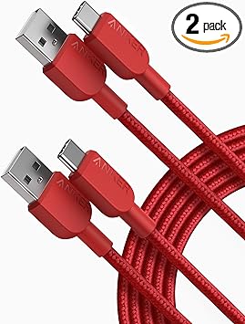 Anker USB C Cable, [2 Pack, 10ft] 310 USB A to USB C Charger Cable, USB 2.0 Nylon Charging Cord Fast Charging for Samsung Galaxy Note 10 Note 9/S10  S10, LG V30 (Red)