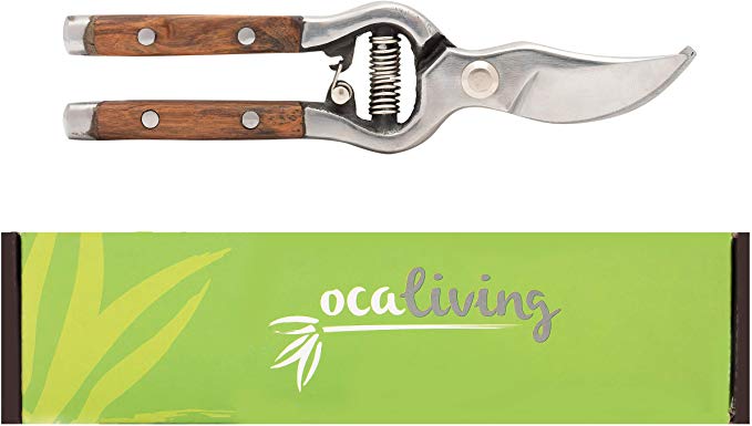 OCALIVING Traditional Bypass Pruning Shears-Branch, Hedge, Shrub, Flower Clipper and Trimmer for Garden-Razor Sharp Stainless Steel Blade-Natural Wood Handles