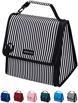 ADOLPH Expandable/Flexible Capacity Insulated Lunch Bag Reuable Leakproof Cooler Bag with Detachable Buckle Handle for Women Men Kids-White Stripe