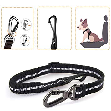 Heavy Duty Dog Seat Belt Especially for Large Dogs, Elastic Nylon Safety Belt Adjustable from 28" to 33", Tangle-Free Swivel Attachment Carabiner and Latch Bar Attachment