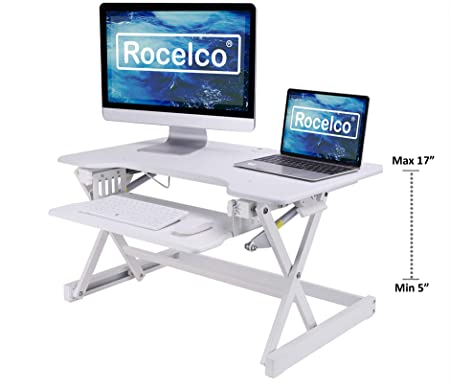 Rocelco 32" Height Adjustable Standing Desk Converter | Sit Stand Computer Workstation Riser | Dual Monitor Retractable Keyboard Tray Gas Spring Assist | Black (R EADRW2)