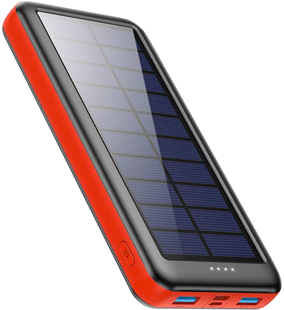 Pxwaxpy Solar Power Bank 26800mAh, Solar Charger 【Type C & Micro USB Input】 High Capacity Portable Charger Fast Charge External Battery Pack with 2 Outputs Compatible for Smartphones, Tablets - Red