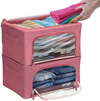 Sorbus Storage Bins Boxes, Foldable Stackable Container Organizer Basket Set with Large Clear Window & Carry Handles, for Bedding, Linen, Clothes (Small, Pink, 2-Pack)