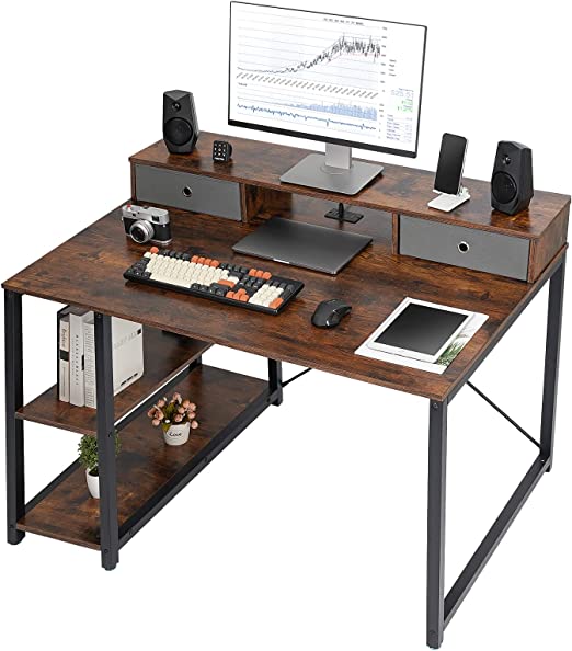 TOPSKY 47”x 31.5” Computer Desk with Drawers, Monitor Stand, Storage Shelf, 3-Port Charging Station (Rustic Brown)