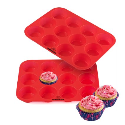 Silicone Cupcake And Muffin Pan, [TWO PACK], 2 x 12 cup reg size Cup Premium Cupcake Pan, Non Stick, BPA Free, Food Grade Silicone - Heat Resistant up to 450 F- Dishwasher and Microwave Safe Silicone