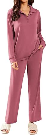 Ekouaer Lounge Sets for Women 2 Piece Outfits 2024 Long Sleeve Pajamas Button Up Top Wide Leg Pants Tracksuit with Pockets