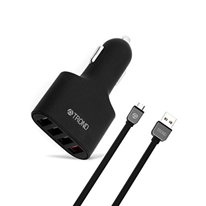 [Qualcomm Certified] TROND® CG4QC Quick Charge 2.0 54W 4-Port USB Car Charger Adapter with 3.3ft Premium Data Sync & Charging Cable Included, for Apple iPhone iPad series, Android Smartphones & Tablets – Matte Black