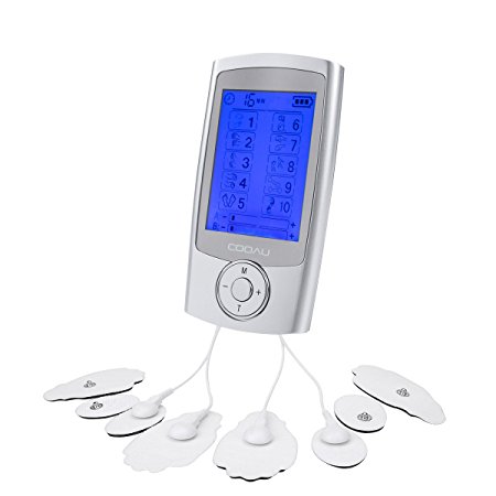 COOAU EMS Machine Electric Massager, 10 Therapy Modes, 8 Pads, Simultaneous A/B Dual Channel, Rechargable Handheld Back Neck Muscle Pain Relief Pulse Impulse Massager Unit, Portable for Home Travel Use, CE/RoHS Certified