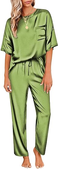 Ekouaer Womens Satin Silky Pajama Set Short Sleeve Shirt with Long Pajama Pant Set Soft PJ Loungewear