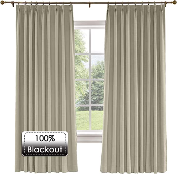 Prim Bedroom Pinch Pleat Linen Curtains Room Darkening Thermal Insulated Blackout Window Curtain for Living Room, Grey Beige, 72x72-inch, 1 Panel