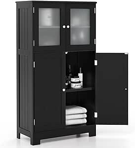 COSTWAY Bathroom Storage Cabinet, Wooden Linen Storage Organizer Cupboard with Doors & Adjustable Shelf, Freestanding Floor Cabinet for Living Room, Kitchen, Entryway, Office (Black)