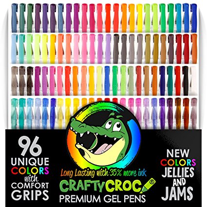 Crafty Croc 96 Soft Grip Gel Pens Set Gift Case. Acid Free Ink is Safe for Adult Coloring Pages, Scrapbooking, and Crafts. Includes Glitter, White, Neon, Black, Metallic, and Pastel