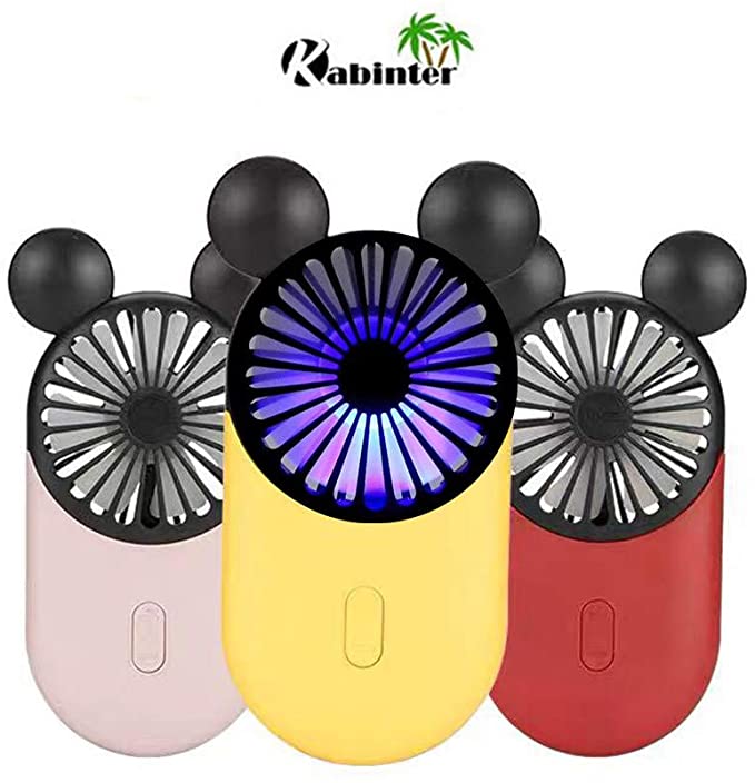 Kbinter Cute Personal Mini Fan, Handheld & Portable USB Rechargeable Fan Beautiful LED Light, 3 Adjustable Speeds, Portable Holder, for Indoor Outdoor Activities, Cute Mouse 3 Pack (Red Pink Yellow)