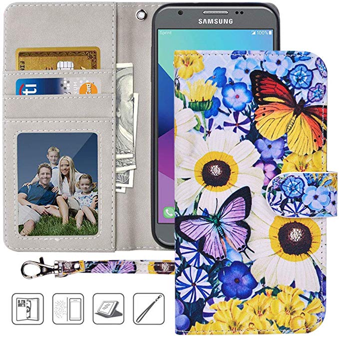 Galaxy J3 Emerge/J3 Eclipse Luna Pro/J3 Prime/Amp Prime 2 Wallet Case,MagicSky PU Leather Folio Flip Case Cover with Wrist Strap,Card holder,Kickstand for Samsung Galaxy J3 2017,Butterfly over Flowers