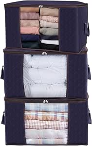 Lifewit Lot de 3 Sac de Rangement Vetement 90L, Grand Boite Rangement Caisse Rangement Cartons Déménagement pliable Housse Rangement Couette pour Couvertures Jouets Vêtements, Bleu