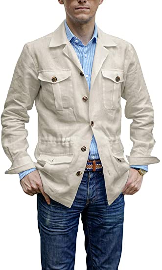 Karlywindow Mens Lightweight Linen Safari Jackets Workout Buttons Down Blazer Jacket