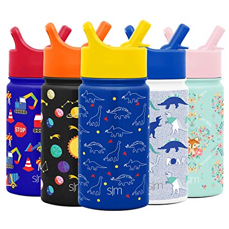 Simple Modern 14oz Summit Kids Water Bottles with Straw Lid Sippy Cup - Dishwasher Safe Vacuum Insulated Tumbler Double Wall Travel Mug 18/8 Stainless Steel Flask -Dinosaurs