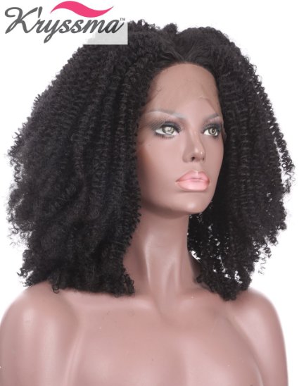 K'ryssma® Kinky Curly Synthetic Lace Front Wigs With Baby Hair Heat Resistant Fiber Hair for Black Women Half Hand Tied 16 Inches #1b