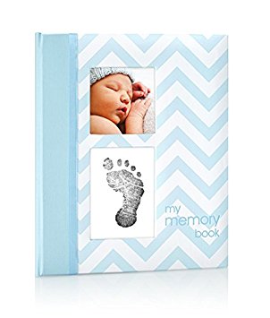 Pearhead Chevron Baby Memory Book with an Included Clean-Touch Ink Pad to Create Baby's Handprint or Footprint, Blue