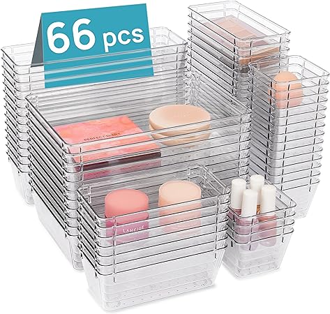 Vtopmart 66 PCS Clear Plastic Drawer Organizers Bins, 4-Size Versatile Bathroom and Vanity Organizer Trays, Non-Slip Storage Containers for Makeup, Jewelries, Bedroom，Kitchen Utensils and Office