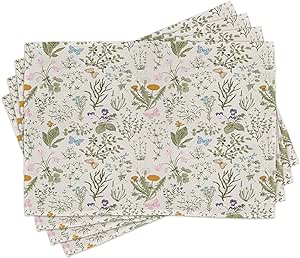 Ambesonne Floral Place Mats Set of 8, Vintage Garden Plants Herbs Flowers Botanical Classic Design Art, Washable Fabric Placemats for Dining Table, Placemat 8 pcs, Reseda Green Beige