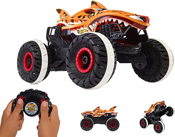 Hot Wheels Monster Trucks, Remote Control Car, Monster Truck Toy with All-Terrain Wheels, 1:15 Scale Unstoppable Tiger Shark RC, HGV87