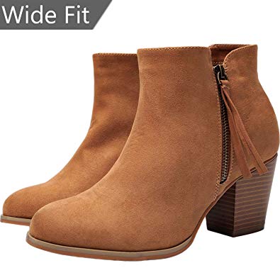 Aukusor Women's Wide Width Ankle Booties - Comfort Chunky Mid Heel Casual Zipper Inside Elastic Warm Short Boots.