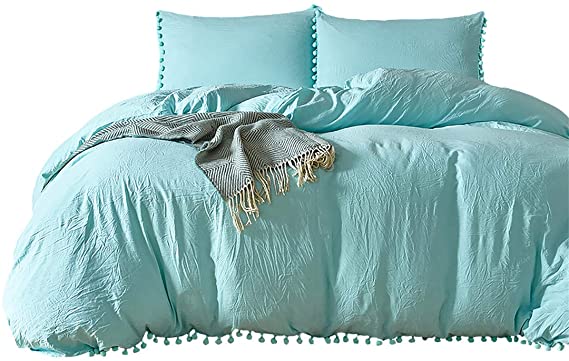 Moowoo Turquoise Bedding,Aqua Queen Duvet Cover, Pom Poms Fringe Design Soft Microfiber Comforter Cover, One Ruffle Duvet Cover  Two Pillow Shams (Aqua, Queen)