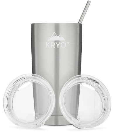KRYO° KUP - 20 oz Tumbler Vacuum Insulated Stainless Steel Travel Mug With Regular Lid   20oz Tumbler Replacement Lid   Stainless Steel Drinking Straw