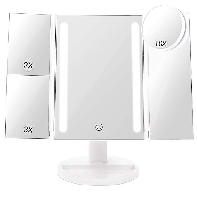 BESTOPE 24 LED Makeup Vanity Mirror with 3X/2X Magnification,Detachable 10X Magnifying Mirror,Touch Screen, 180°Adjustable Rotation, Dual Power Supply, Countertop Costmetic Mirror