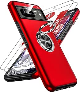 LeYi for Google Pixel 8 Case: and 2 Tempered Glass Screen Protector &2 Camera Lens Protector, with 360 Ring Holder Stand Magnetic Shockproof Heavy Duty Protective Phone Cover for Google Pixel 8 Red