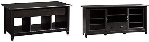 Sauder Edge Water Lift Top Coffee Table, Estate Black Finish & Edge Water Entertainment Credenza, for TV's up to 55", Estate Black Finish