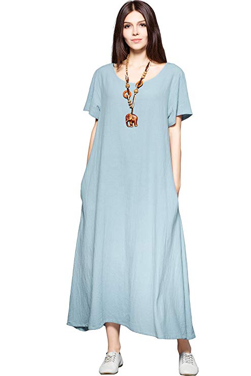 Anysize Side Pockets Linen Cotton Soft Loose Dress Spring Summer Plus Size Clothing F131A