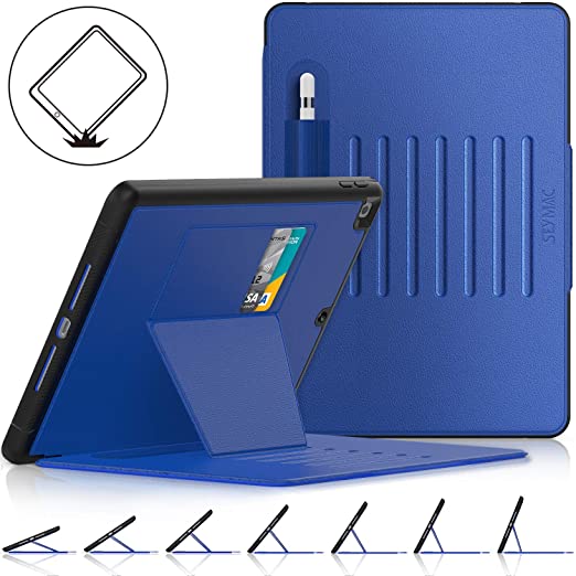 SEYMAC Stock iPad 7th Generation 10.2 case, [Full Body] Protective iPad 10.2 inch Smart Cover Auto Sleep Wake with [Card Slot] Multi Angle [Magnet Stand]Pen Holder Feature for iPad 7 10.2 (Black/Blue)