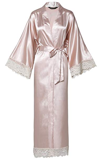 BABEYOND Satin Kimono Robe Long Bridesmaid Wedding Bath Robe with Lace Trim
