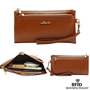 Befen Women‘s Soft Leather RFID Blocking Wristlet Clutch Wallet, Smartphone Purse - Brown