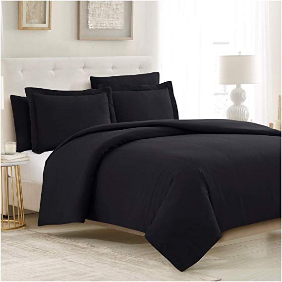 Mellanni Duvet Cover Set 5pcs - Soft Double Brushed Microfiber Bedding with 2 Shams and 2 Pillowcases - Button Closure and Corner Ties - Wrinkle, Fade, Stain Resistant (King/Cal King, Black)