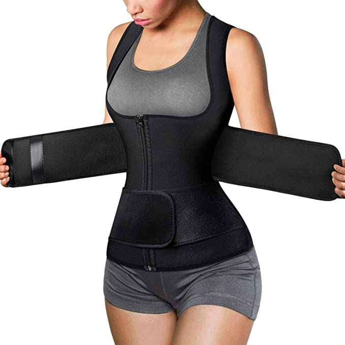 Cimkiz Waist Trainer for Womens Workout Tops Sauna Suit Sweat Vest for Women Waist Slimmer 2 in 1 Belt with Zipper