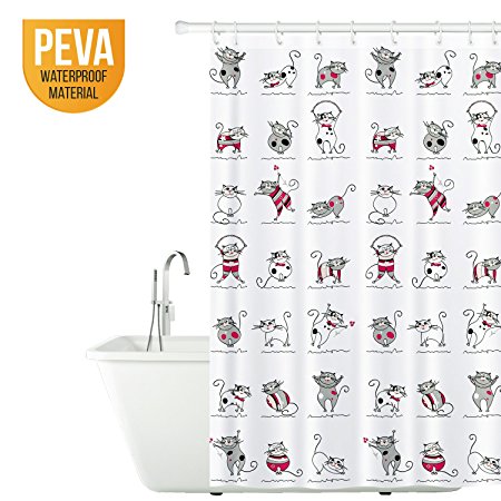 Tatkraft Funny Cats Peva Vinyl Shower Curtain Liner 180X180cm Waterproof 12 Shower Rings Hooks