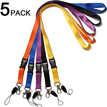 5 Pack Office Neck Lanyards with Detachable Buckle Enhanced Model Hook and Quick Release Tether Ideal for ID Badges,Keys,Cell Phones USB Sticks Whistles-Strong Nylon(Black,blue,yellow,orange,purple)