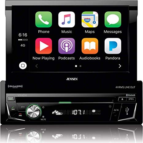 Jensen VX4014 7" 1DIN Multimedia Receiver with CarPlay, Flip-Up Touch-screen, Built-In Bluetooth, DVD/CD Receiver with AM/FM Tuner, Screen Mirroring Technology, 160W Max Power, Remote Control