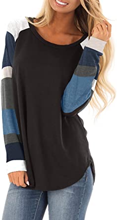 Asvivid Womens Color Block Tunic Tops Crewneck Long Sleeve T-Shirt Casual Loose Shirt Blouses