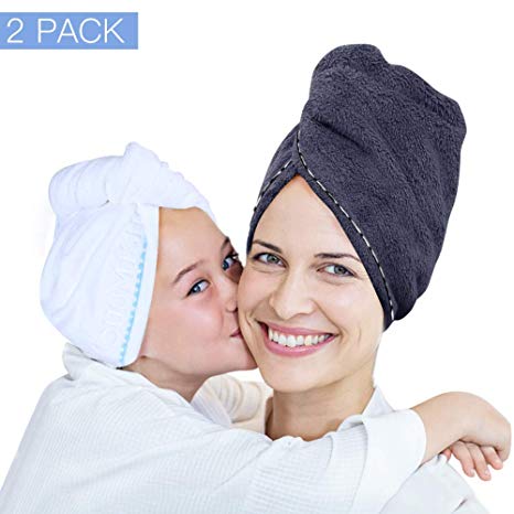 2 Pack Bigger Plus Size Hair Towel Wrap Turban Microfiber Drying Bath Shower Head Towel with Buttons, Quick Magic Dryer, Dry Hair Hat, Wrapped Bath Cap By Duomishu (Grey & White)