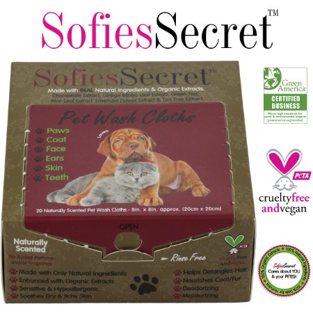 SofiesSecret Pet Wipes Dogs+Cats ALL PURPOSE, 20 Count, 100% Natural & Organic Extracts, Extra Thick, Ultra Soft, Extra Large,Hypoallergenic, Cruelty Free & Vegan
