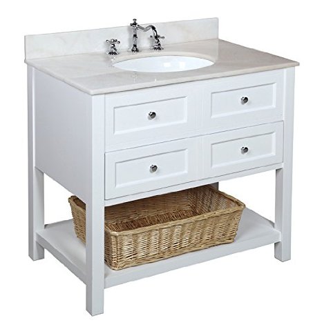 Kitchen Bath Collection KBC115WTWT New Yorker Bathroom Vanity with Marble Countertop, Cabinet with Soft Close Function and Undermount Ceramic Sink, White/White, 36"